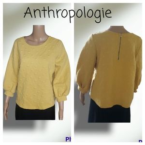 Anthropologie w5 L mustard yellow quarter balloon sleeve raised dot pattern